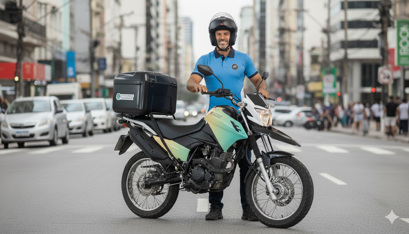 Profissional uniformizado da MS ao lado da moto de assistência em avenida urbana
