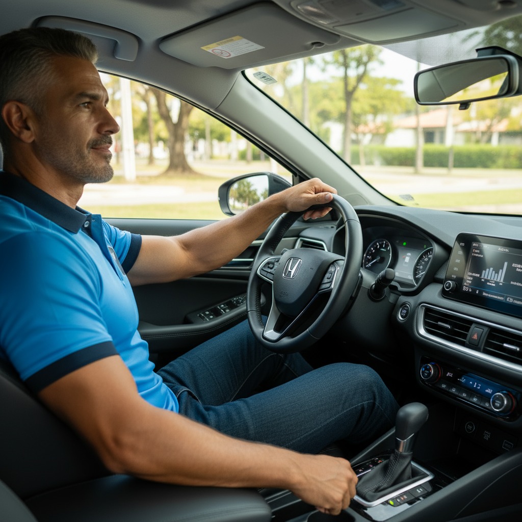 Motorista ao volante em via urbana, com apoio da assistência MS