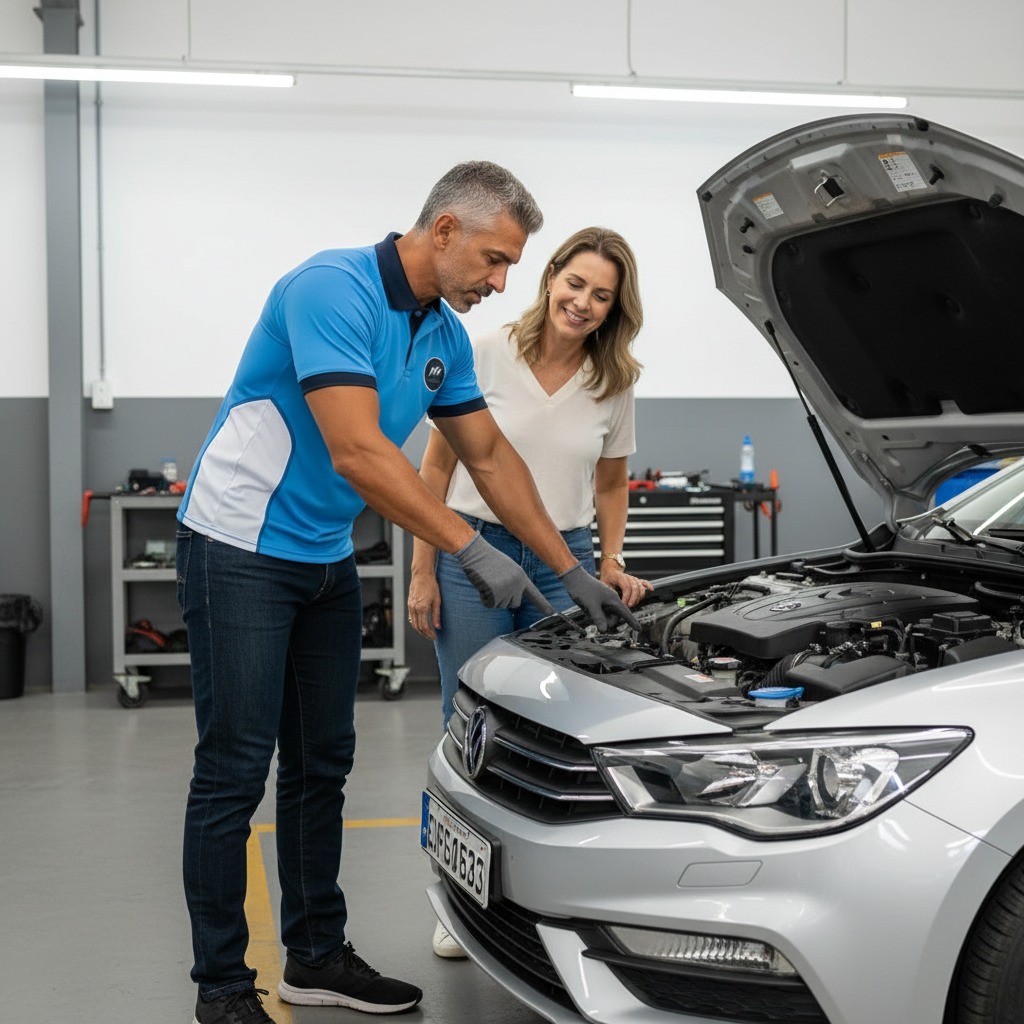 Profissional da MS explicando o serviço a uma motorista com o capô do carro aberto